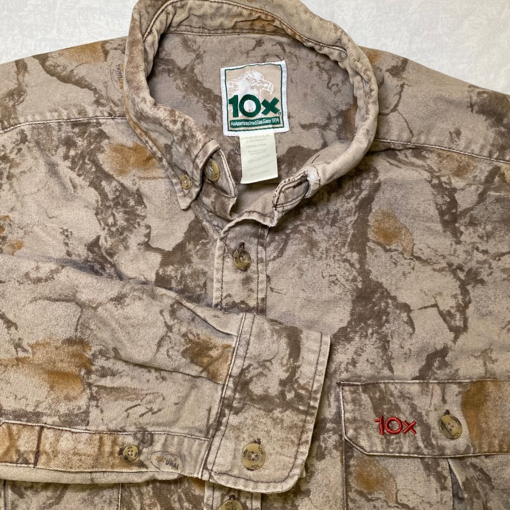 Vintage 10X Mens Large Camo Hunting Shirt Long Sleeve Button Down Outdoor